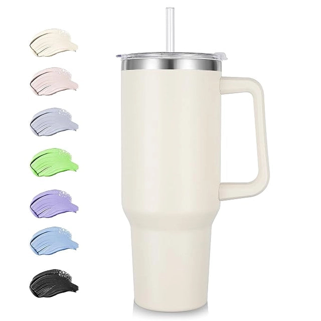 Tumbler with Handle and Straw, Insulated Stainless Steel
